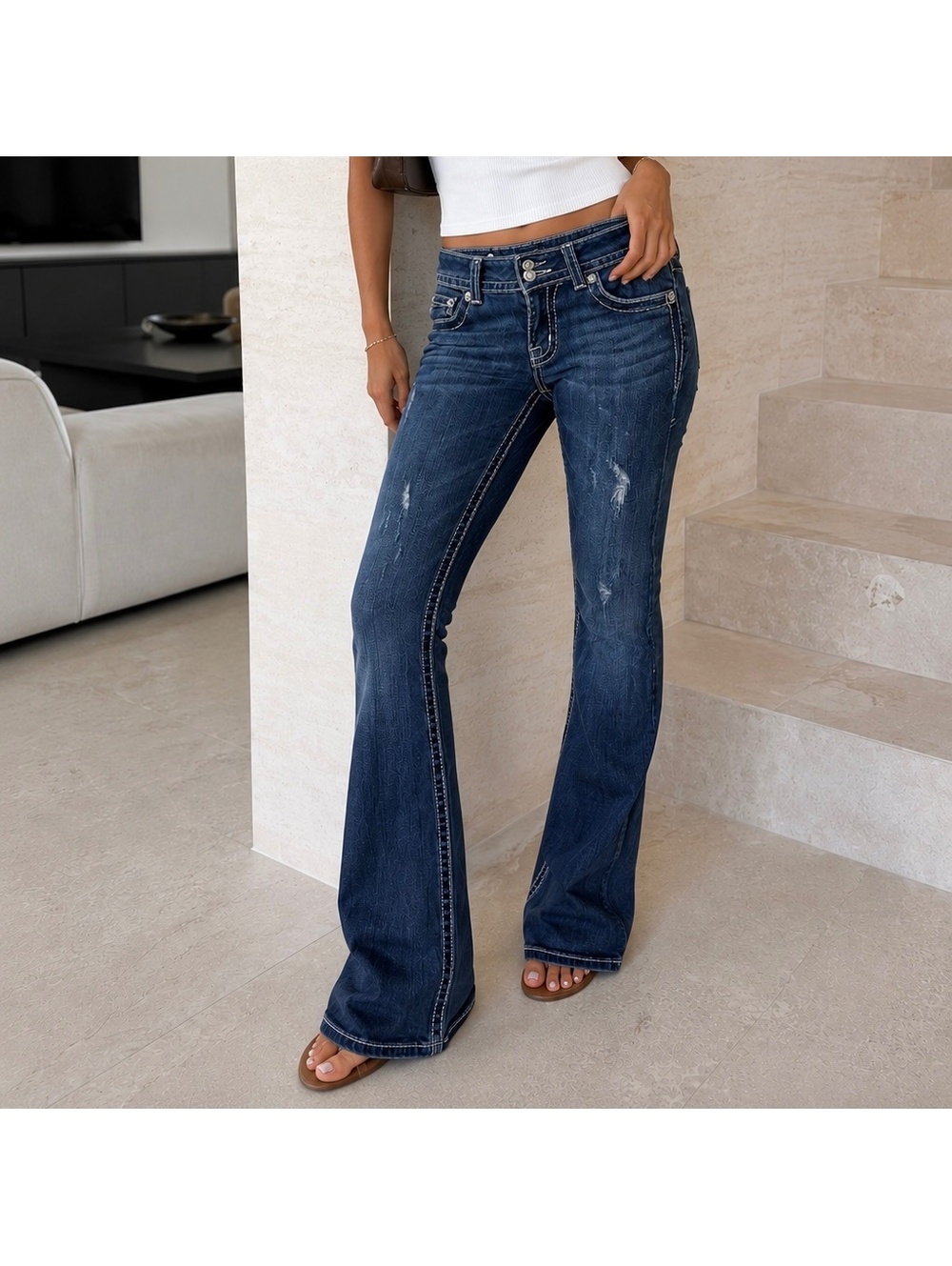 Dark Blue Flare Jeans for Women - Classic Mid-Rise